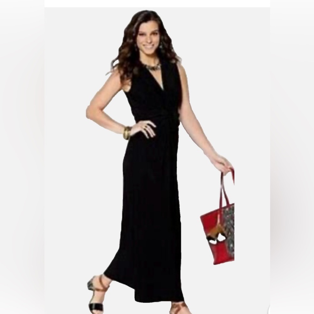 IMAN Global Chic Cinched Shoulder V-Neck Maxi Dress Black Size XL - Picture 2 of 9